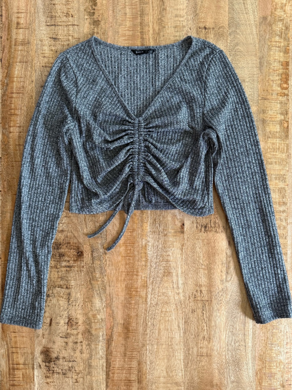 SHEIN Gray Ribbed Ruched Drawstring Long Sleeve Crop Top Women’s XL Stretch